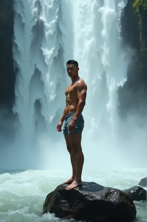 High Definition,Really,30-year-old Korean, Japanese, Hong Kong man,Cropped hair,Nude,Muscular body,Taking a shower standing on a rock,In the middle of a waterfall,48k,suhd,