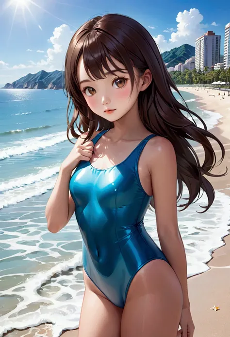 Swarthy young Asian girl years old with dark 
 brown hair in tight-fitting swimsuit on beach front view 