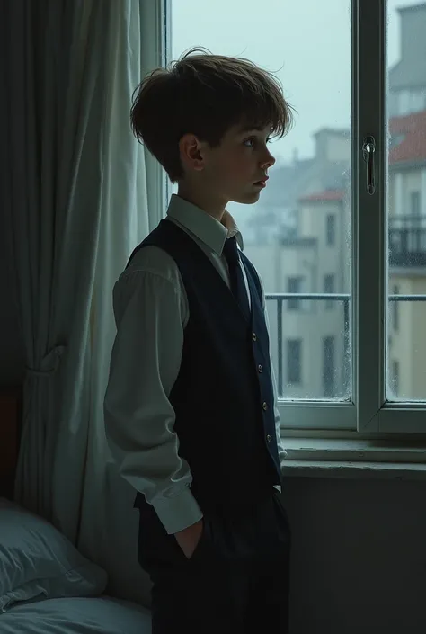 A thirteen year old boy, beautiful, White skin, light brown hair, very sad look, dressed very formally, European traits, in his room next to a window,.with rain outside.