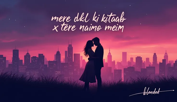 "A cinematic cityscape with a starry night sky in shades of deep purple and pink. The city skyline is silhouetted with tall buildings, bathed in a soft pink glow, resembling a romantic evening scene. In the foreground, a couple is silhouetted against the s...