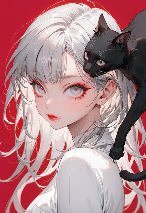 Crimson Background，(Highest quality,Very detailed,High resolution:1.2),1 slim albino girl，Giant black cat１Animals，Gray-haired berry shorthair,gray bangs，very_Long eyelashes, Detailed lips, Cool look, Soft Skin, Shiny Hair,Exquisite makeup, 