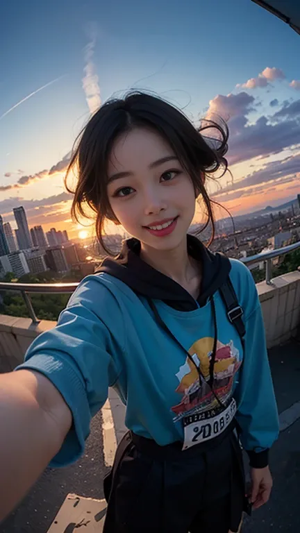 One person, Korean, Fisheye Lens, Selfie, Wind, Messy Hair, sunset, Cityscape, (Aesthetics and atmosphere:1.2),smile