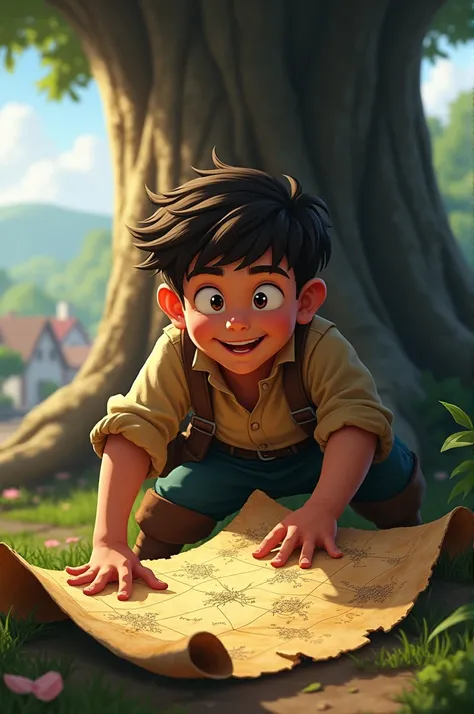 The Discovery**
*Setting: Near an old oak tree at the edge of the village.*
- **Finn:** (Excitedly) "What’s this? A map!"
- **Finn’s Thoughts:** *This could be my chance for an adventure!*