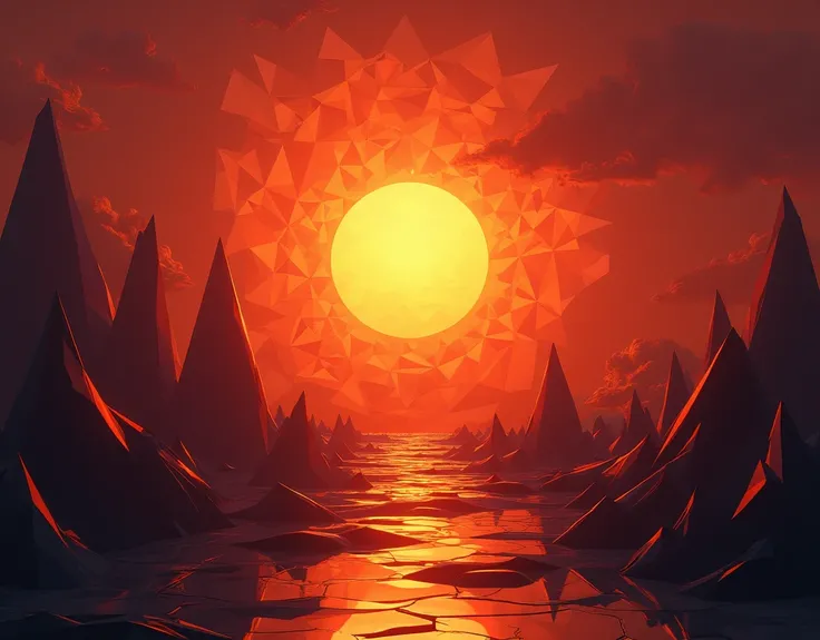 Geometric Fractal Sunset: structured, complex, vibrant, warm, angular