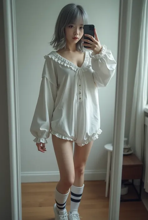 highly detailed, beautiful, hyper Realistic girl, masterpiece, best quality, Depict a mysterious and sophisticated beautiful Japanese gravure woman, 24-years-old, identity hidden, all body shot, /// wearing a perfect sexy Pierrot costume, white theme, stri...