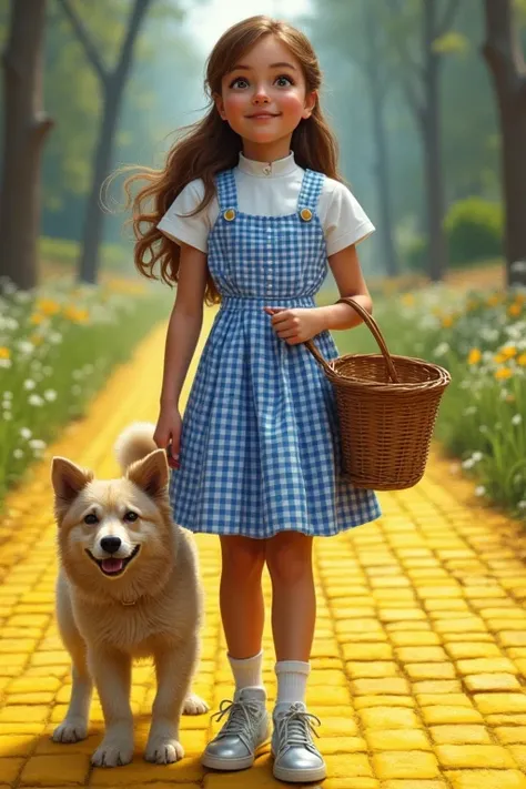 ((masterpiece)), ((best quality)), Dorothy Gale, silver shoes on feer, carrying a basket over arm, Toto, yellow brick road, perfect detailed eyes, perfect detailed face, ultra-detailed nose, open mouth, perfect teeth, bare shoulders, charming, perfect face...