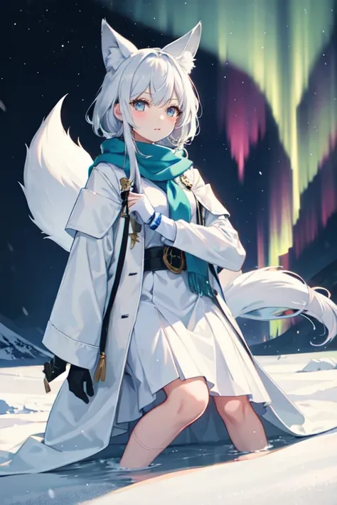 A young girl, blue with gradations white hair, shining unique eye, fox ear and blue with gradations white, white tail, holding her ice power with her right hand, Snow palace, background Aurora Borealis, wearing blue gradations white shirt, wearing white sk...