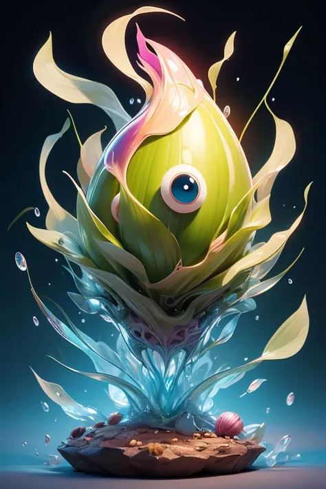 Create an image of a monster onion. The body is transparent and can be seen through. The image is sharp and detailed., with beautiful colors.. With arms, leg, eyes, mouth, พื้นหลังสีlegว