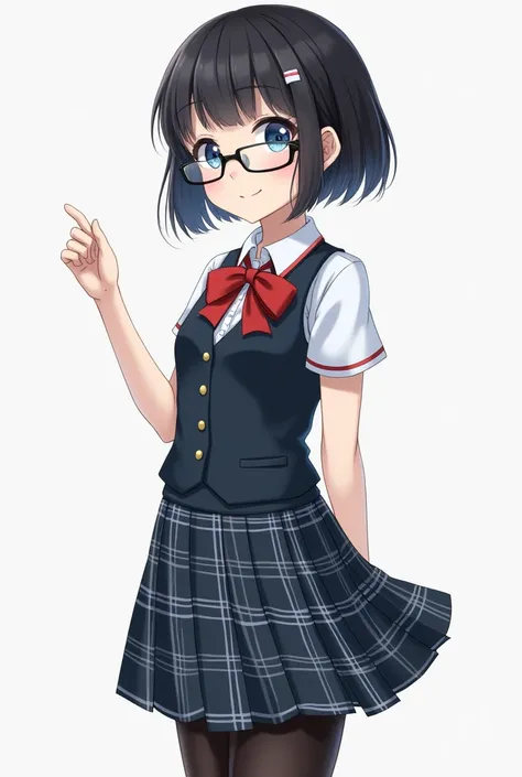 1girl, short hair, black hair, blue eyes, short hair, very short hair, bow, school uniform, plaid vest, plaid skirt, glasses, standing, full body, pantyhose, best quality, amazing quality, very aesthetic, masterpiece 