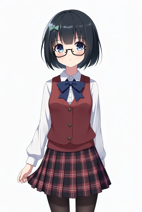 1girl, short hair, black hair, blue eyes, short hair, very short hair, bow, school uniform, plaid vest, plaid skirt, glasses, standing, full body, pantyhose, best quality, amazing quality, very aesthetic, masterpiece 