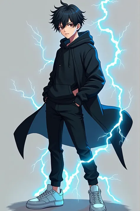 Anime handsome boy black hoodie black pant white sneakers little scratch in face sorcerer of electricity 