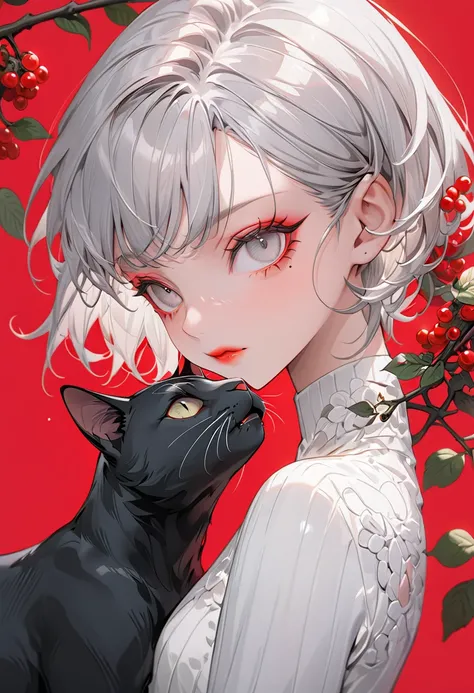 Crimson Background，(Highest quality,Very detailed,High resolution:1.2),1 slim albino girl，Giant black cat１Animals，Gray-haired berry shorthair,gray bangs，very_Long eyelashes, Detailed lips, Cool look, Soft Skin, Shiny Hair,Exquisite makeup,