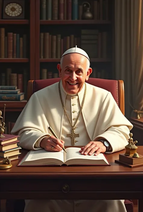 Pope francis writing a book with a happy mood