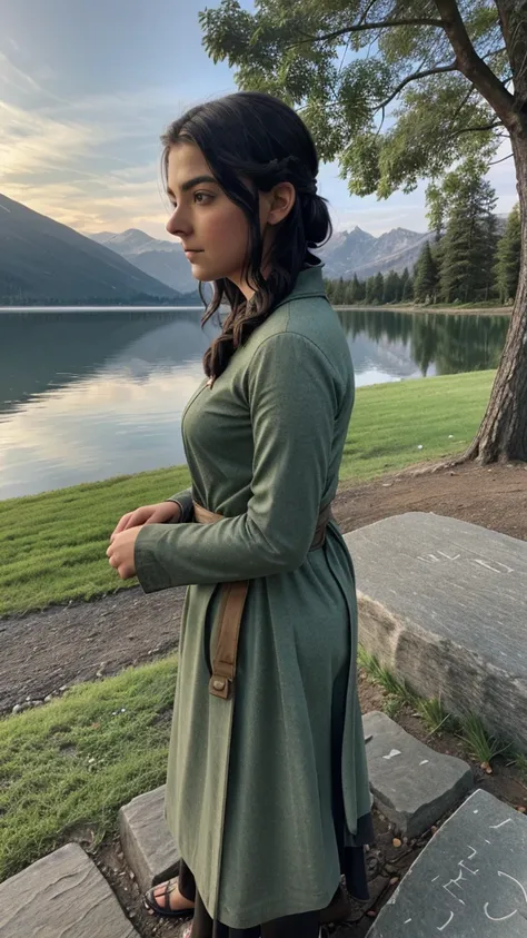 Arya is leaning against the lake shore, looking at an old stone with the word "lake" engraved on it.