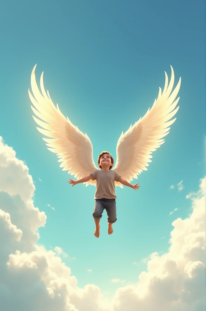 A boy run and wing come out his back and fly in sky