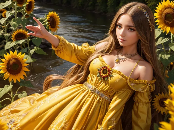 (  Absurdly , High quality , ultra detailed ) ,( hand detailed ) , 1girl, solo, mature, very long hair, sunflower hair , beautiful crystal eyes ( eye detailed ) Baroque, Necklace, long dress, long sleeve, elegant, colorful, highest detailed, upper body , w...