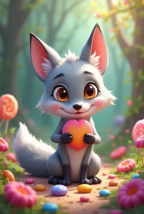 A gray fox with lots of sweets to eat,Standing,Candy in mouth,There is candy in hand,There is candy on the ground,Cute realistic style,Background forest candy garden