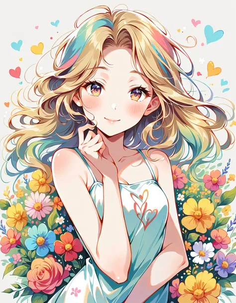 Wearing a sleeveless dress、Light rainbow hair、A big smile、most beautiful girl of all time、Lips in Love、Colorful flowers、colorful hearts, Simple line initials、Abstract art、Urban Background