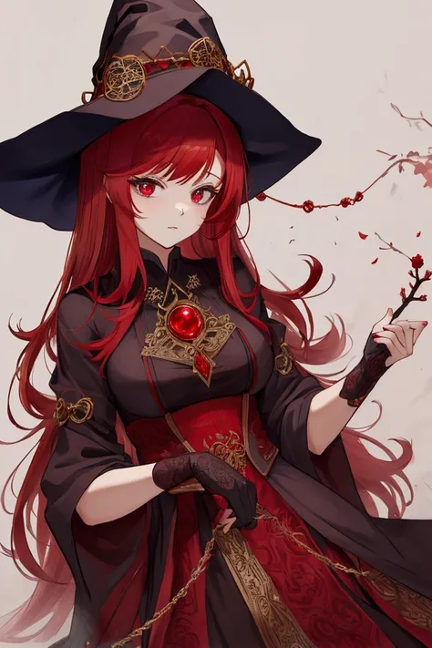 she has red hair with a witch hat on her head 