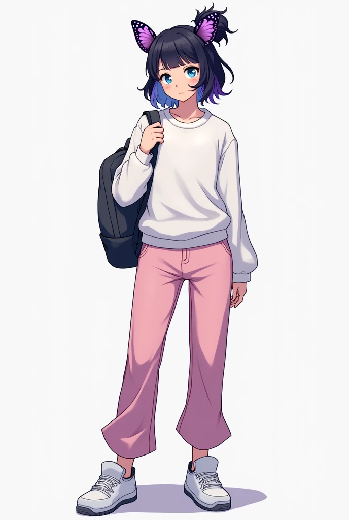 A girl with black hair and purple hair with blue eyes and a butterfly bun with a white sweatshirt with pink pants with white tennis shoes with a bag on her back 

