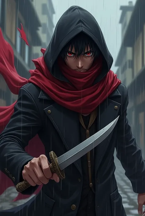 An anime character:
brown skinned man, Bblack hair, Eyes red, short beard.
killer hooded look, black color with a long red scarf hiding her mouth and nose.
dagger in his hand in attack position.
rainy weather.