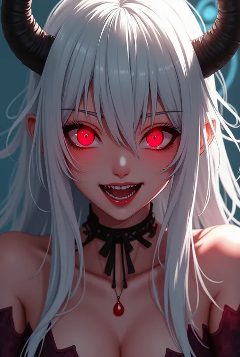 One Hot Attractive Girl, Appearance Succubus, Lustful looks, Long White Hair, Red Heart Eyes, Looking Obsessed, Crazy Obsessive looks, Anime Style, With Sexual Desire, Ahegao Face