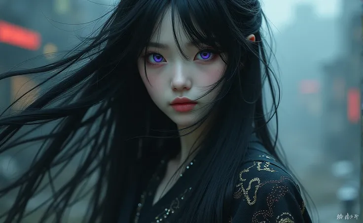 A girl with long black hair, expressive eyes in a deep purple color, wearing some kind of traditional clothing, The girl looks so perfect that she seems created, with pale porcelain skin, In a cyberpunk environment, the style is semi realistic