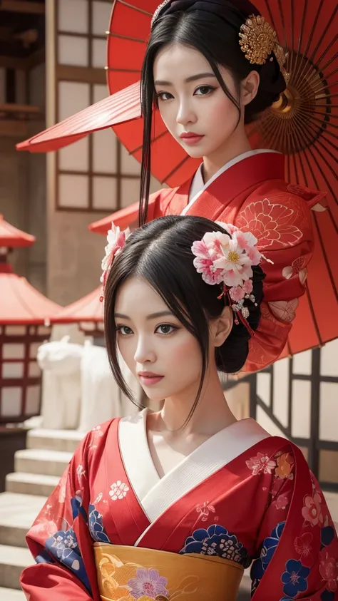 In a futuristic scene, Mechanically Enhanced Japanese Geisha、The elegance of elaborate gardens. She has beautiful delicate eyes and lips that complement her face. Geisha wear traditional kimonos with intricate patterns and designs. Full-length portraitArou...