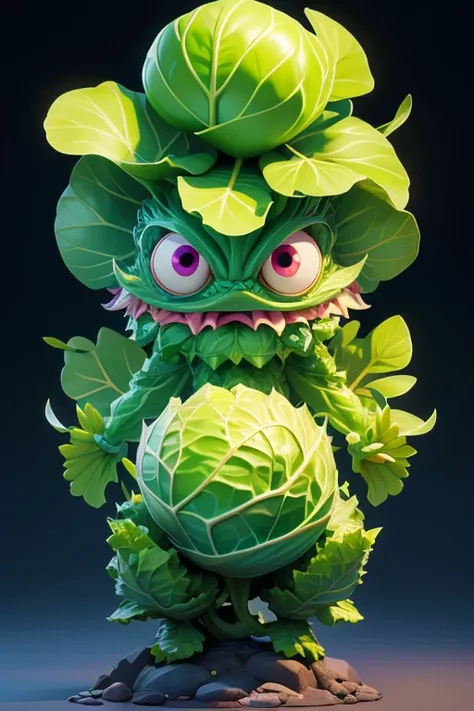 Create a Cabbage Monster image. The body is transparent and can be seen through. The image is sharp and detailed., with beautiful colors.. With arms, leg, eyes, mouth, พื้นหลังสีlegว