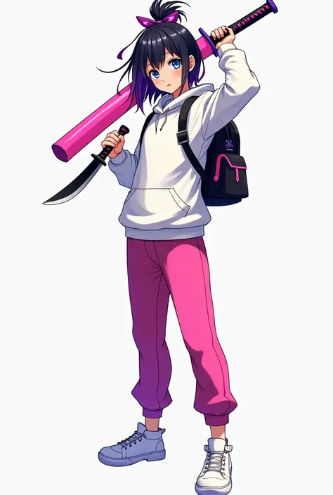 A girl with black hair and purple hair with blue eyes and a butterfly bun wearing a white sweatshirt with pink pants with white tennis shoes with a bag on her back with a pink katana with purple in her right hand and a black knife in her left hand 

