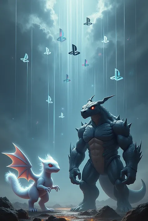 Rain of the logos of the playstation dragapult of pokemon and tyranitar of pokemon