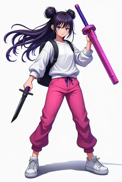 A girl with black hair and purple hair with blue eyes and a butterfly bun wearing a white sweatshirt with pink pants with white tennis shoes with a bag on her back with a pink katana with purple in her right hand and a black knife in her left hand 

