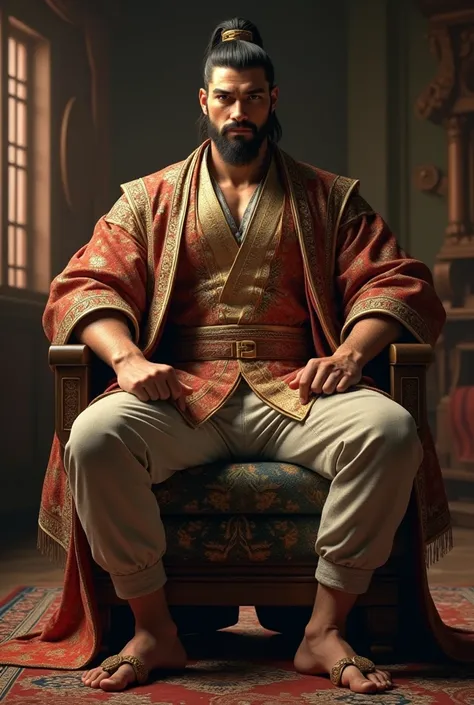 A strong, muscular man is seated on a wooden chair, wearing a traditional courtly outfit (corte) with intricate patterns. His broad shoulders and confident posture exude power and authority. The man is dressed in a tailored pant that complements the corte,...