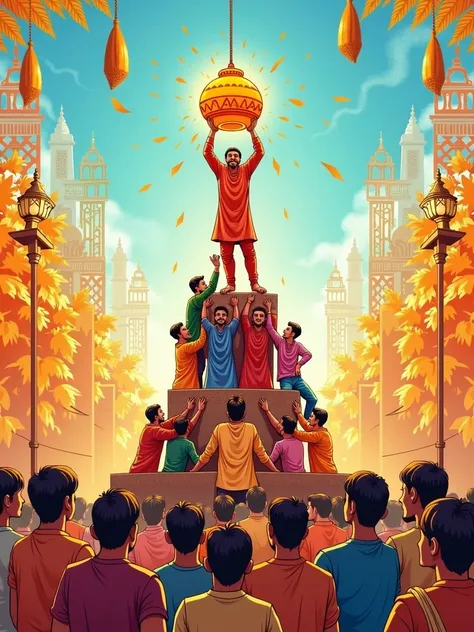 reate a festive and vibrant sketch illustrating the Gopal Kala celebration, an Indian festival associated with Janmashtami. Capture the essence of this joyful occasion with a group of enthusiastic men forming a human pyramid, striving to break the Dahi Han...