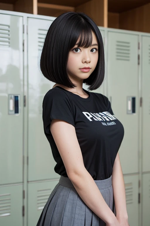 Cowboy Shot, , Black bob cut, (Hip-length T-shirt), Pleated skirt, Large Breasts, Lips parted, Upper Body, avert your eyes, Soothing lighting effects, locker room,