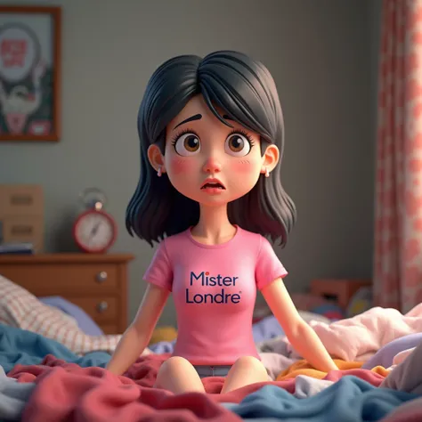 3D cartoon, HD, a Chinese woman as a studen , wearing a pink shirt with text logo MISTER LONDRE no image just text , background bedroom , was in the middle of a pile of dirty clothes with an annoyed and tired face