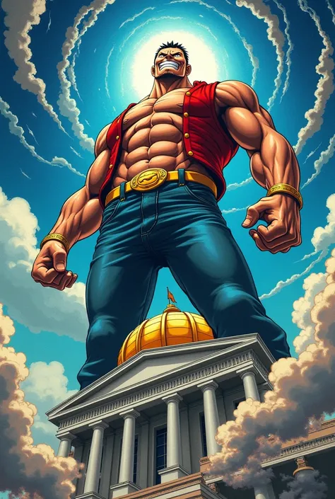 Make a picture of the Indonesian DPR building and above it is Garp(one piece) who wants to unleash the power of galaxy impact