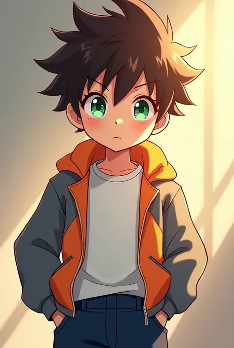 A 5-year-old anime fit boy with bright green eyes and brown hair, a rather selfish face, dark blue pants and a bright gray jacket with a white t-shirt beneath. his face shining in light