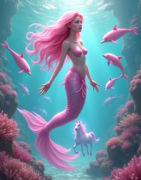 foto de una sirena 🧜‍♀️ rosa con un delfines rosas y unicornio rosas 