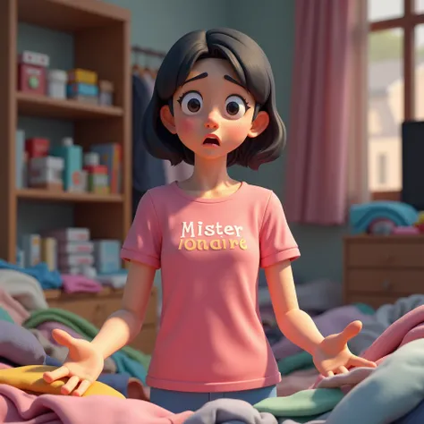 3D cartoon, HD, a Chinese woman as a studen , wearing a pink shirt with text logo MISTER LONDRE no image just text , background bedroom , was in the middle of a pile of dirty clothes with an annoyed and tired face