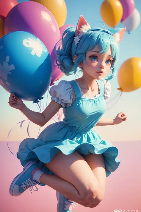 Create a 3D illustration of an animated character floating on top of a social media logo “Facebook” with balloons. The character must wear pastel blue cute classy clothing such as cute dress cat ear hairband and sneakers shoes. The background  is a social ...