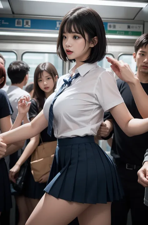 (crazy behavior:1.8) japanese women, very large breasts, oversized breasts, (schoolgirl uniform、white short sleeve shirt,dark bl...