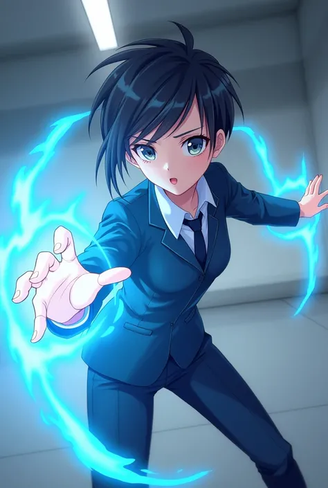 Generate a girl but she is a tomboy and short hair and wear corporate uniform and white face and having a blue aura in their hands and can do martial arts anime
