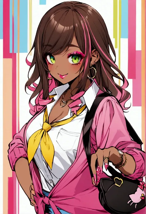 girl with dark brown hair and ruby highlights with pink in her hair with dark complexion with gyaru makeup, green eyes with gyaru clothes, with a hello kitty bag with a gyaru greeting