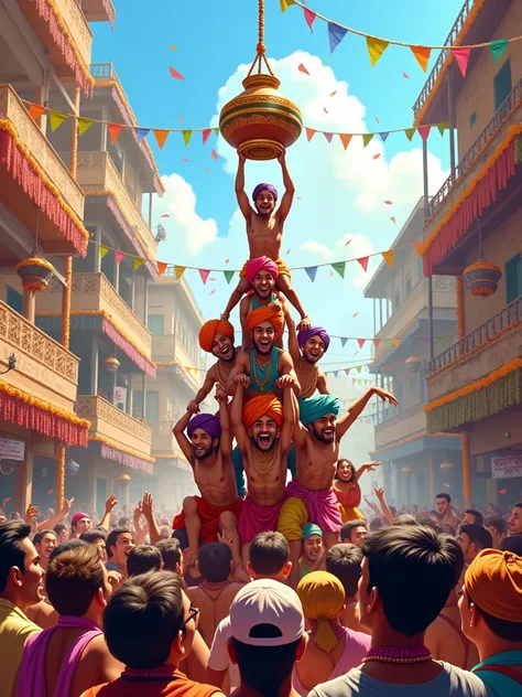 Create a lively and vibrant sketch of the Dahi Handi festival, an energetic and colorful celebration in India. The scene should depict a human pyramid of enthusiastic participants, dressed in traditional Indian attire with colorful turbans and dhotis, reac...