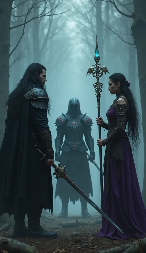 In a mysterious forest shrouded in mist、Depicts the scene where Vortex and Varys meet a young shaman woman.。Vortex is a warrior with long black hair and a black coat.、Holding a dark sword in one hand。Varys is a long-haired knight in black Gothic-style armo...