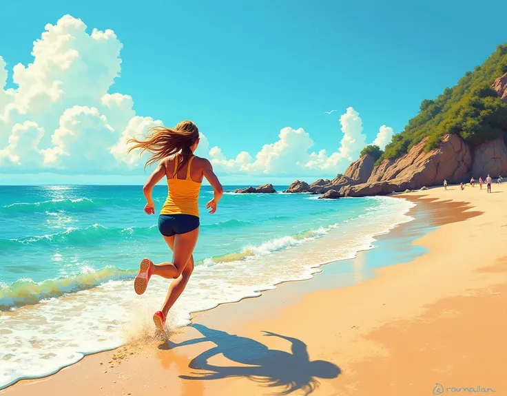 Vibrant Beach Run: Joyful, Inviting, Pointillism, Sandy Hues, Coastal Vibes