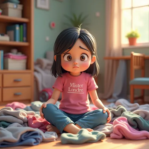 3D cartoon, HD, a Chinese woman as a student , wearing a pink shirt with text logo MISTER LONDRE no image just text , background bedroom , was in the middle of a pile of dirty clothes with an annoyed and tired face