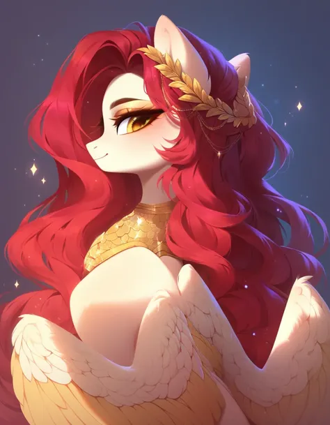 (work of art, Maximum quality, best qualityer, offcial art, beautiful and aesthetic:1.2), A pony with a long red mane, long straight red hair, Caucasian skin, gold eyes, pegasus wings.