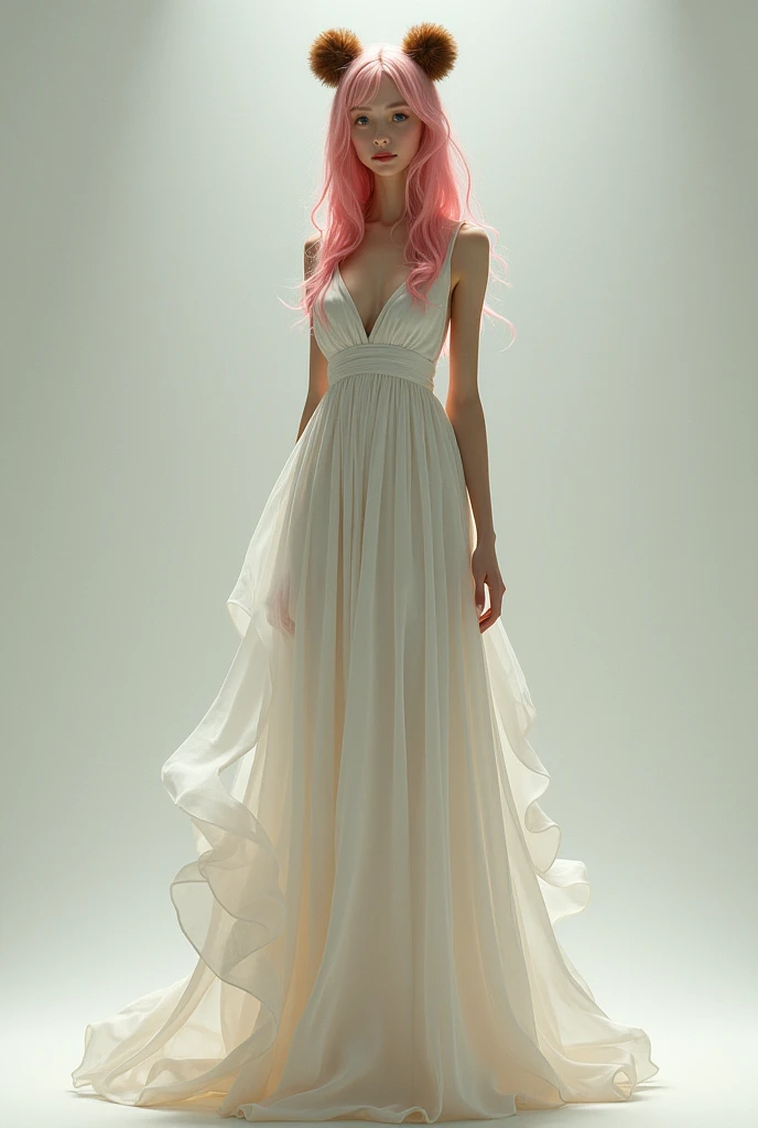 a tall, thin woman, dressed in a long white dress with pink hair and brown bear ears and tail